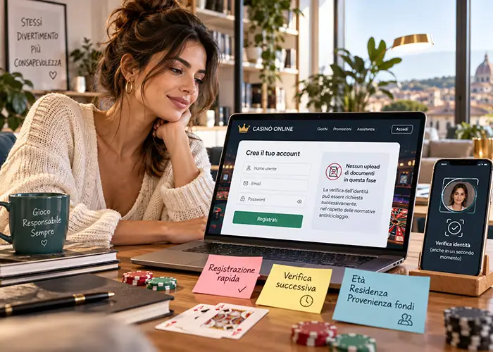 Uomo che consulta un casino online non AAMS senza documenti e le condizioni di verifica dell'identità
